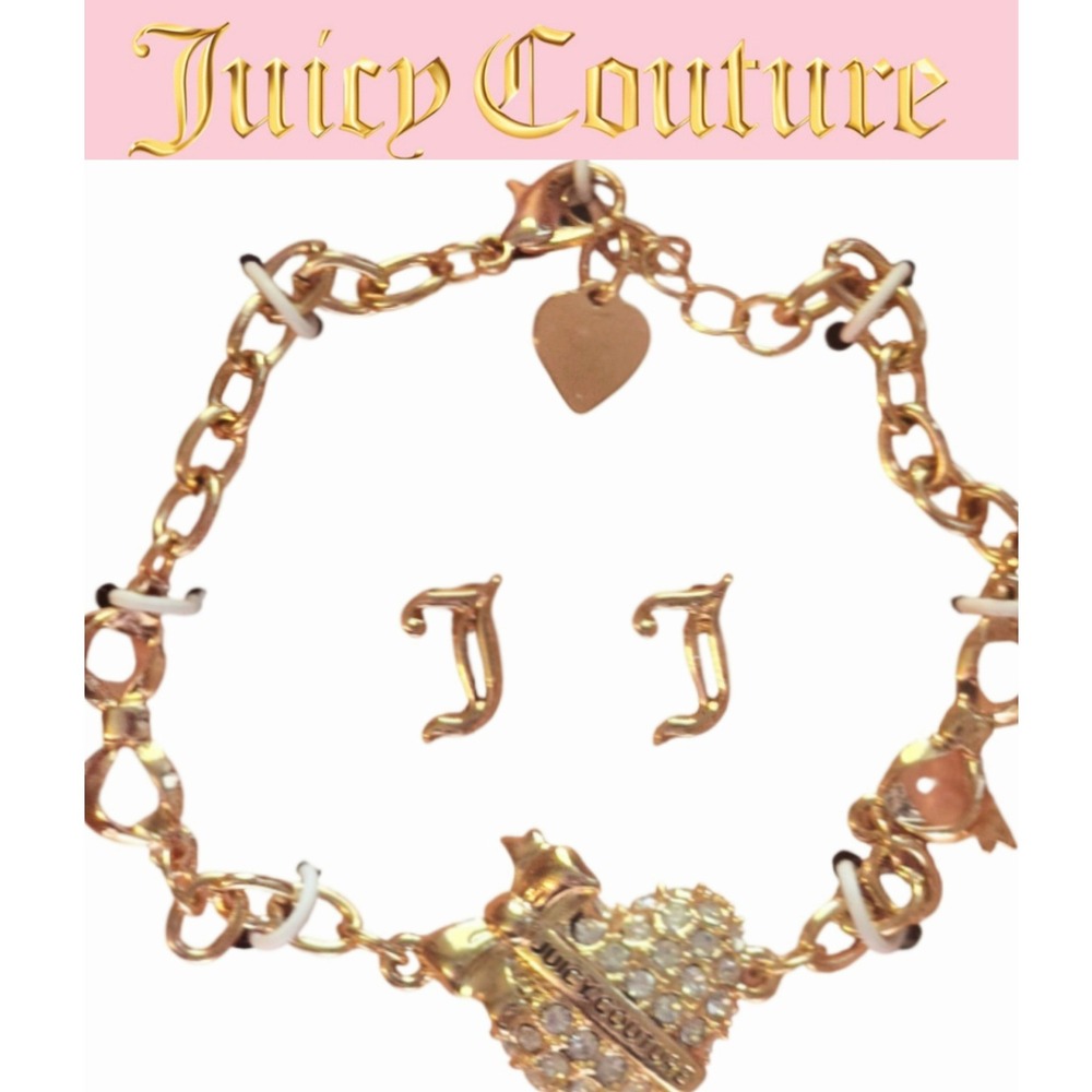 Juicy Couture Rhinestone Heart Bracelet Chain Bracelet &‎ J Logo Earrings